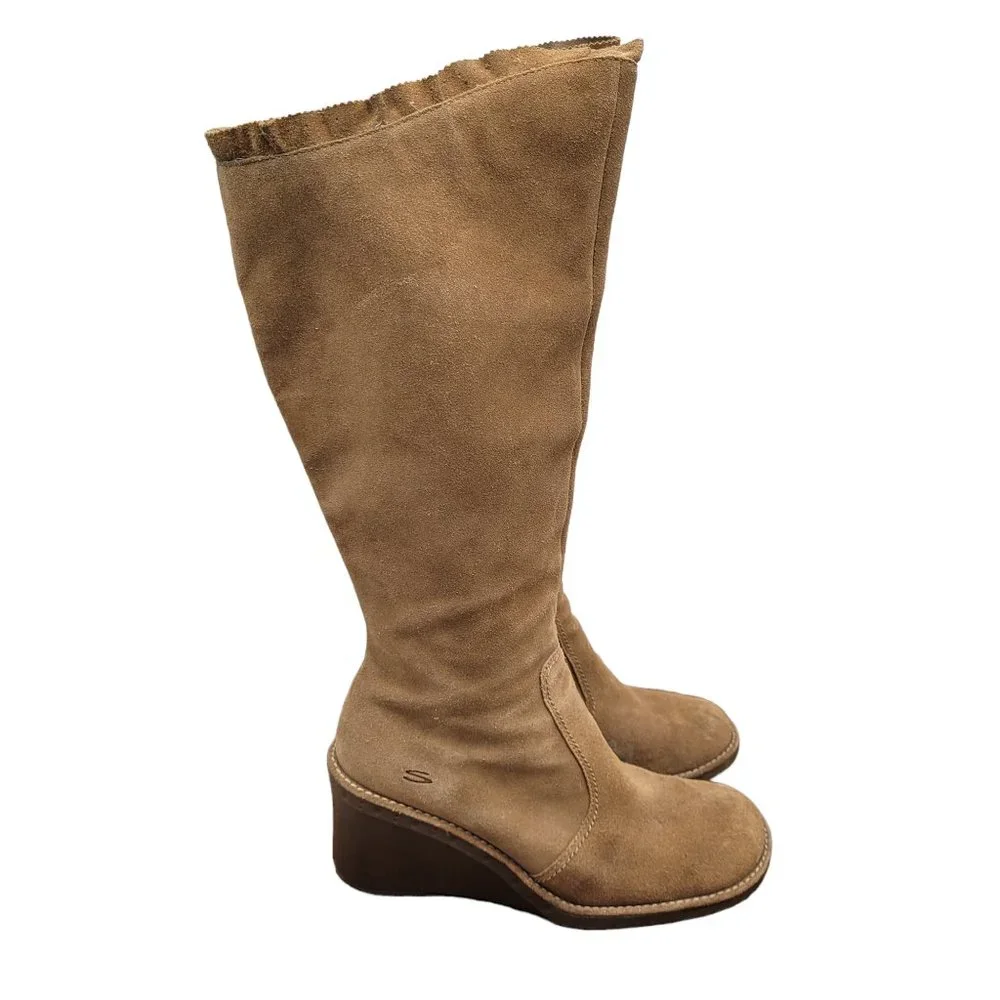 Skechers Wedge Tall Boots Womens 6.5 Brown Suede Something Else Side Zip